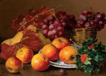 Still Life of Apples and Holly With A Basket of Grapes Artwork by Eloise Harriet Stannard