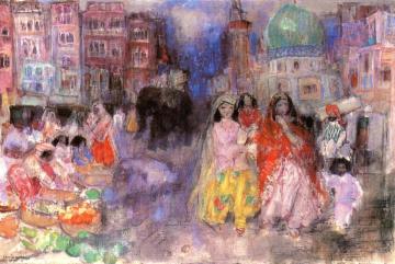 Morning Bazaar in Jaipur Artwork by Leon Shulman Gaspard