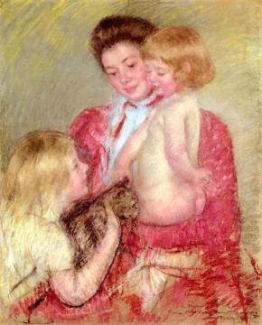Reine Lefebvre with Blond Baby and Sara Holding a Cat Artwork by Mary Cassatt
