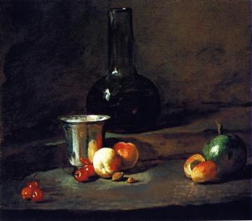 Carafe Of Wine, Silver Goblet, Five Cherries, Two Peaches, An Apricot And A Green Apple Artwork by Jean-Baptiste-Simeon Chardin