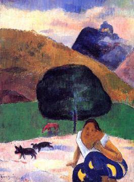 Landscape with Black Pigs and a Crouching Tahitian Artwork by Paul Gauguin
