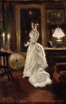 Interior Scene With A Lady In A White Evening Dress Artwork by Paul Gustave Fischer