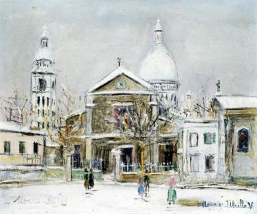 Place Saint-Pierre in Montmartre with Sacre-Coeur in the Background Artwork by Maurice Utrillo