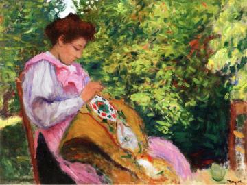Girl Embroidering, Seated In A Garden Artwork by Albert Marquet