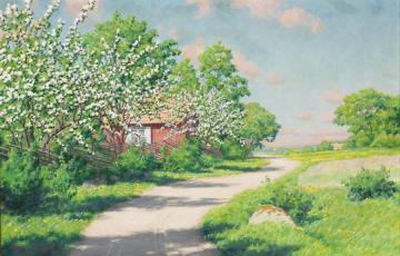 Flowering fruit trees at the red house Artwork by Johan Krouthén