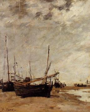 Low Tide, Grounded Sailboats Artwork by Eugène-Louis Boudin