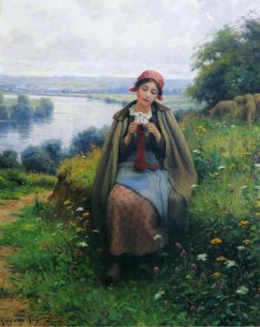 Girl Knitting Artwork by Daniel Ridgway Knight