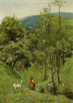Shepherd Girl With A Goat In The Meadow Of Rolling Hills Artwork by Hans Thoma