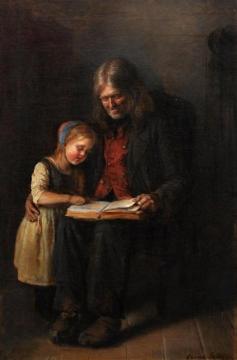 Interior with an Elderly Man who Reads Aloud to a Girl Artwork by Elisabeth Jerichau-Baumann