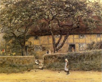 Children Outside a Cottage Artwork by Helen Allingham