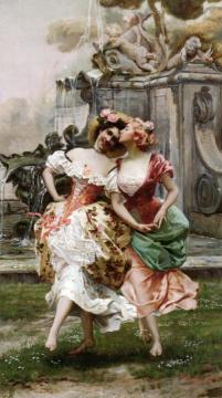 Young Girls Dancing By A Fountain Artwork by Gioacchino Pagliei