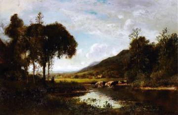Cattle Watering at a Pond with a Shepherd Nearby Artwork by William Keith