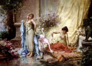 Beauties With Flamingo And Roses Artwork by Hans Zatzka