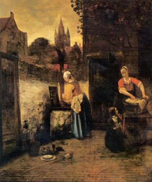 Two women with a child in the yard Artwork by Pieter de Hooch