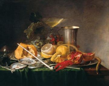 Still Life of Breakfast with Champaign Glass, Fruits and a Pipe Artwork by Jan Davidsz De Heem
