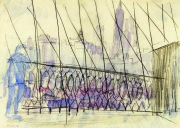 Brooklyn Bridge Series, Figure Leaning On Railing Artwork by John Marin