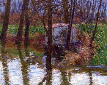 The River Epte with Monet's Aelier-Boat Artwork by John Leslie Breck