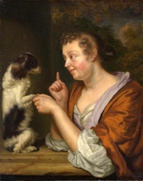A Young Lady Playing With A Dog Artwork by Godfried Schalcken
