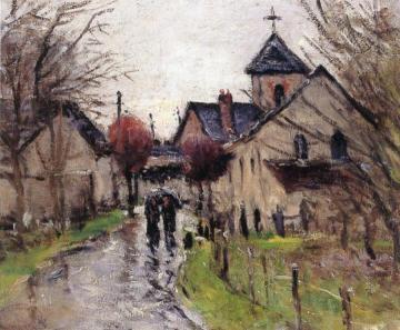 Villagers in the Rain, near the Church Artwork by Gustave Loiseau