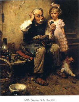 Cobbler Studying Doll's Shoe Artwork by Norman Rockwell
