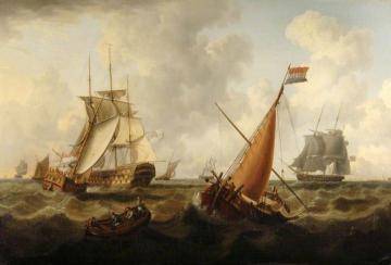 Dutch and British Men O' War off the Coast, Dutch Boat in the Foreground Artwork by Charles Martin Powell