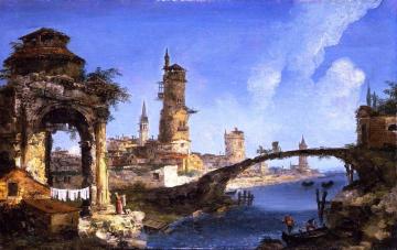 Capriccio with ruined arch, medieval tower and bridge Artwork by Michele Giovanni Marieschi