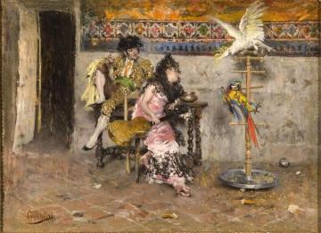 Couple in Spanish Dress with Two Parrots Artwork by Giovanni Boldini