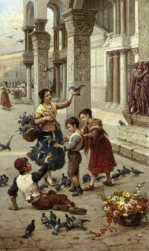 Feeding the Pigeons at Piazza St. Marco, Venice Artwork by Antonio Paoletti