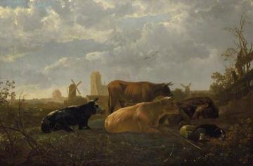 A Distant View of Dordrecht with a Sleeping Herdsman and Five Cows Artwork by Aelbert Cuyp