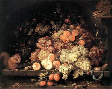 Fruit Still-Life with Squirrel and Goldfinch Artwork by Abraham Mignon