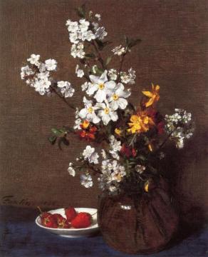 Vase of Flowers with a Plate of Strawberries Artwork by Henri Fantin-Latour