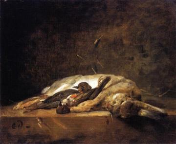 A Rabbit, Two Thrushes and Some Straw on a Stone Table Artwork by Jean-Baptiste-Simeon Chardin