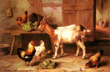 Goat and chickens feeding in a cottage interior Artwork by Edgar Hunt