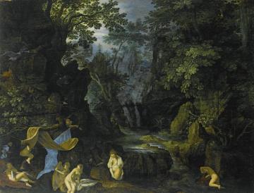 A forest landscape with bathing nymphs and Leda and the swan Artwork by Roelant Savery