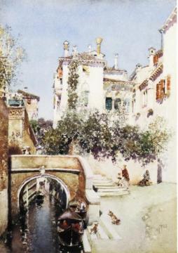 Ladies in a Flowering Courtyard near a Canal, Venice Artwork by Martin Rico y Ortega