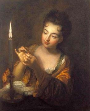 Woman Embroidering In The Candlelight Artwork by Jean-Baptiste Santerre
