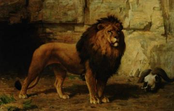Lion Guarding His Den Artwork by George Goodwin Kilburne
