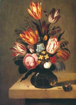 Bouquet of flowers with a butterfly on a stone slab Artwork by Ambrosius Bosschaert