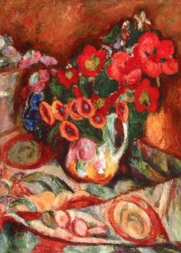Flowers on a Patterned Tablecloth Artwork by Abraham A. Manievich