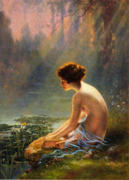 Seated Nude At Lily Pond Artwork by Louis Comfort Tiffany