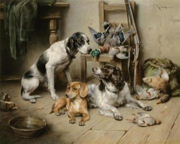 An English Pointer, a Dachshund and an English Springer Spaniel after the hunt Artwork by Carl Reichert