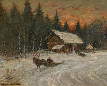 Wooden Hut in Ratukhino, Winter Artwork by Constantin Alexeevich Korovin