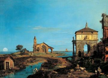 An Island in the Lagoon with a Gateway and a Church Artwork by Giovanni Antonio Canal