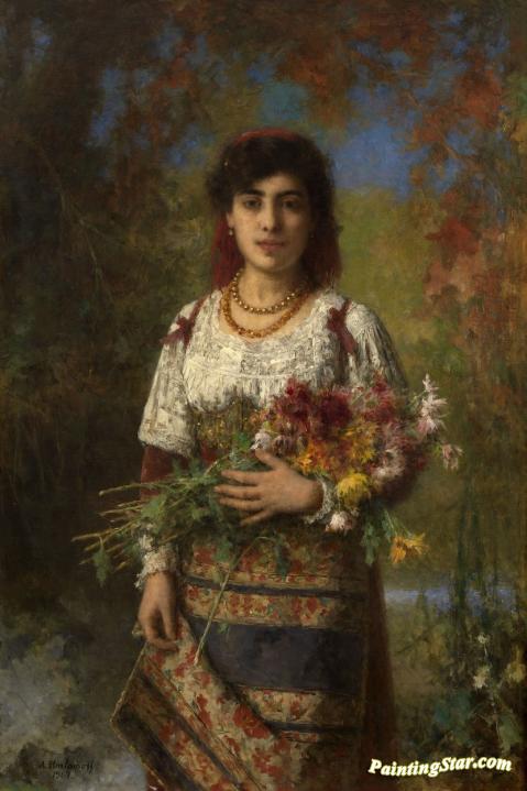 Gypsy Girl with Flowers Artwork by Alexei Harlamoff