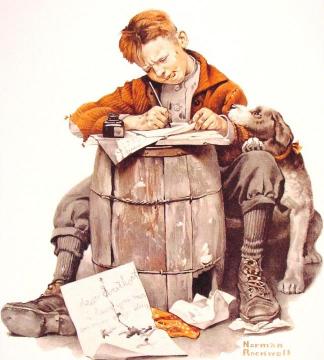 Little Boy Writing A Letter Artwork by Norman Rockwell