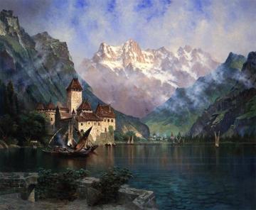 Dent Du Midi (castle Of Chillon, Lake Geneva) Artwork by Edwin Deakin