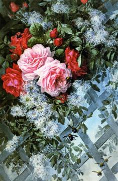 Roses La France and Jack Roses with Clematis Artwork by Raoul de Longpre