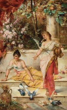 Young Maidens With Doves Artwork by Hans Zatzka