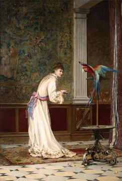 Lady with a Parrot Artwork by Frederik Henrdik Kaemmerer