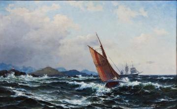 The pilot boat Farsund on mission Artwork by Lauritz Haaland